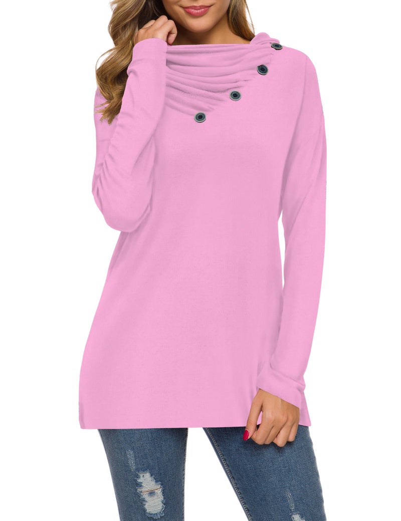 WEACZZY Womens Long Sleeve Shirts Button Cowl Neck Casual Loose Tunic Tops Blouse Dressy (Medium, 09 Pink) - Image 1